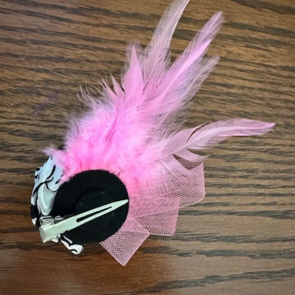 Light Pink Feather with Damask Print Rolled Rose Hair Clip (2)  5B4561  Handmade